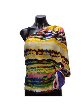 Halston Heritage One-Shoulder Blouse Multicolor With Tie Accent 2